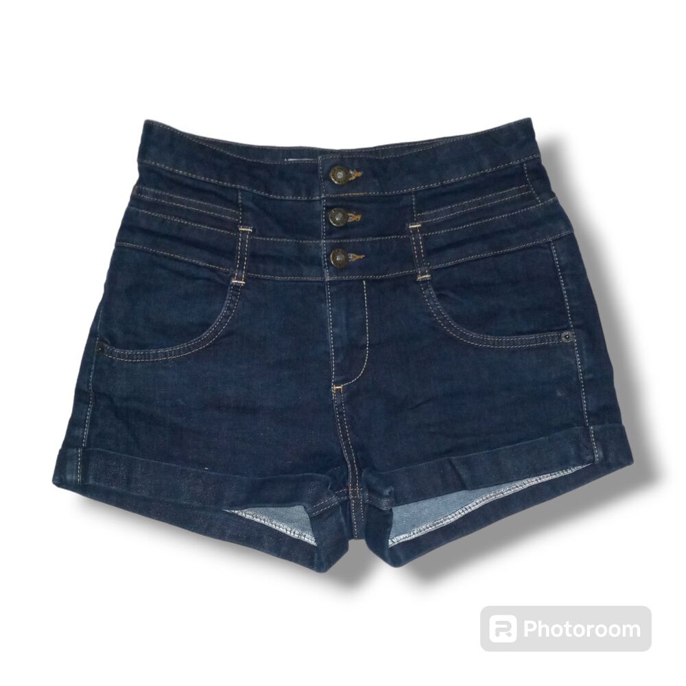 Topshop Moto High Rise Cuffed Denim Shorts-Size 8/Waist 30-Dark Wash-Pockets